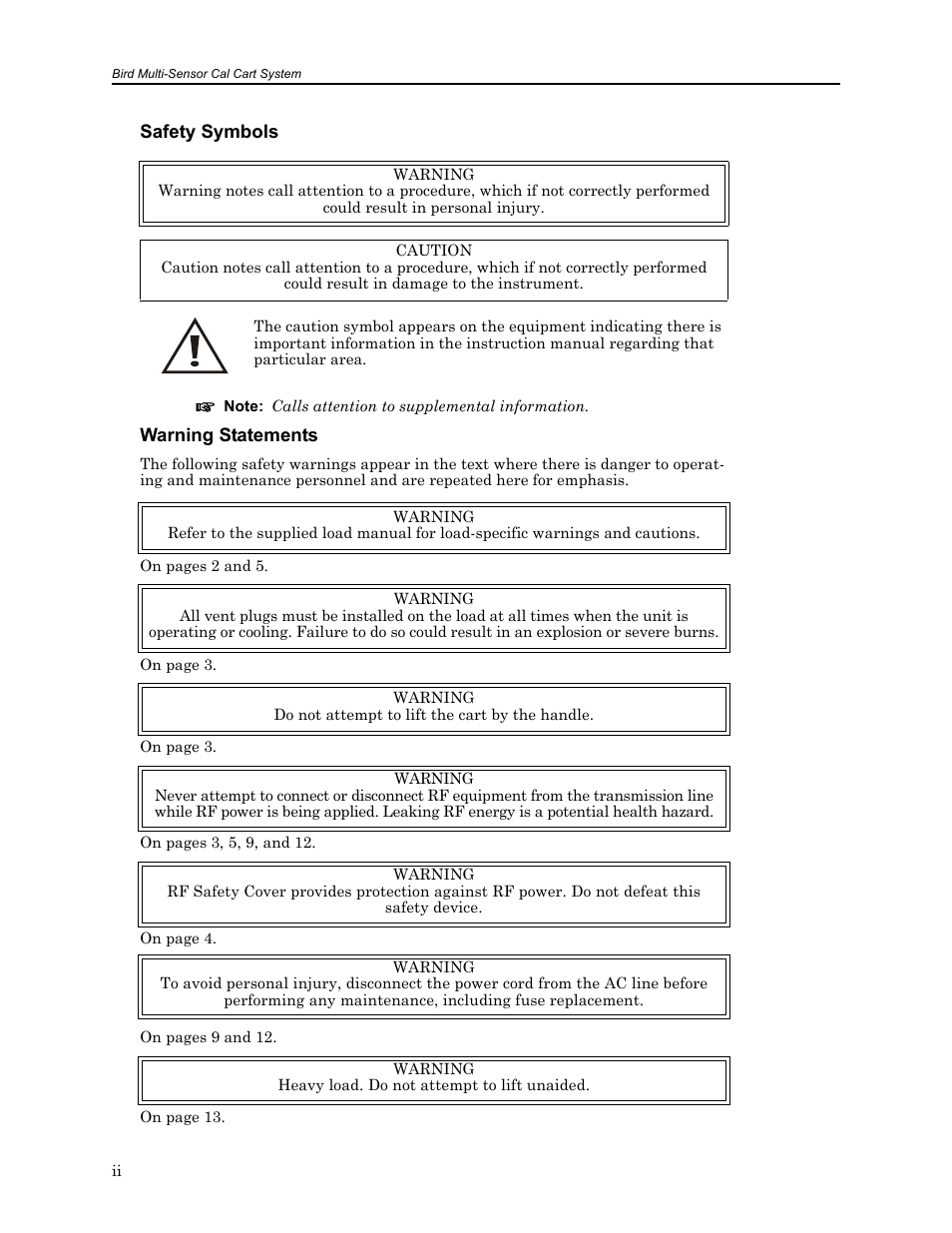 Safety symbols, Warning statements | Bird Technologies MSCC7 Series-Manual User Manual | Page 4 / 35