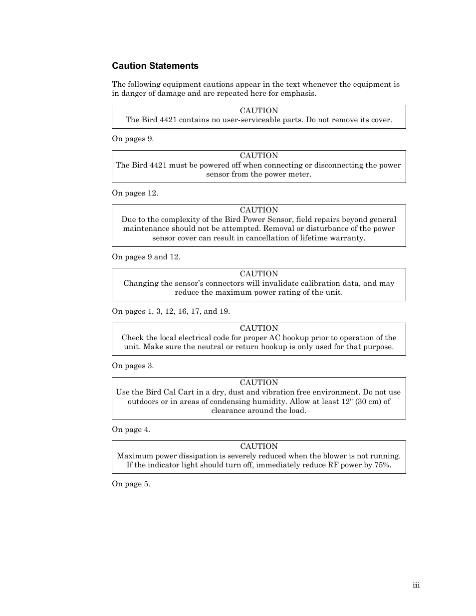 Caution statements | Bird Technologies MSCC7 Series-Manual User Manual | Page 5 / 35