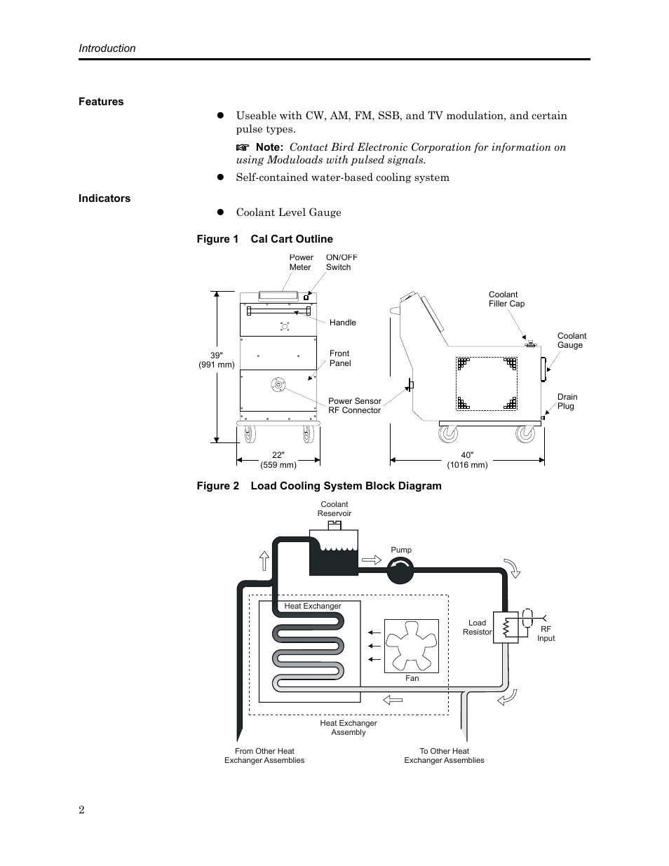 Features, Indicators, Figure 1 cal cart outline | Figure 2 load cooling system block diagram, Features indicators | Bird Technologies SCC8 Series-Manual User Manual | Page 16 / 47