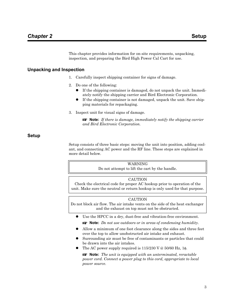 Chapter 2 setup, Unpacking and inspection, Setup | Chapter 1 setup, Unpacking and inspection setup | Bird Technologies SCC8 Series-Manual User Manual | Page 17 / 47