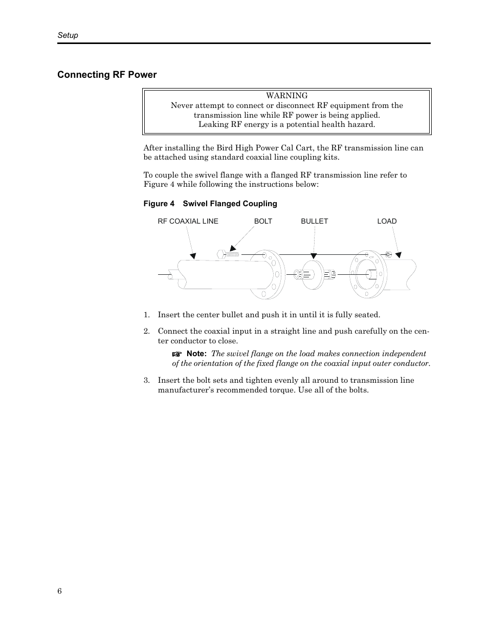 Connecting rf power, Figure 4 swivel flanged coupling, S 6, 12 | Bird Technologies SCC8 Series-Manual User Manual | Page 20 / 47