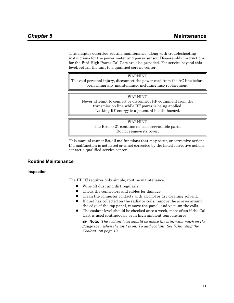 Chapter 5 maintenance, Routine maintenance, Inspection | S 11, Chapter 4 maintenance | Bird Technologies SCC8 Series-Manual User Manual | Page 25 / 47