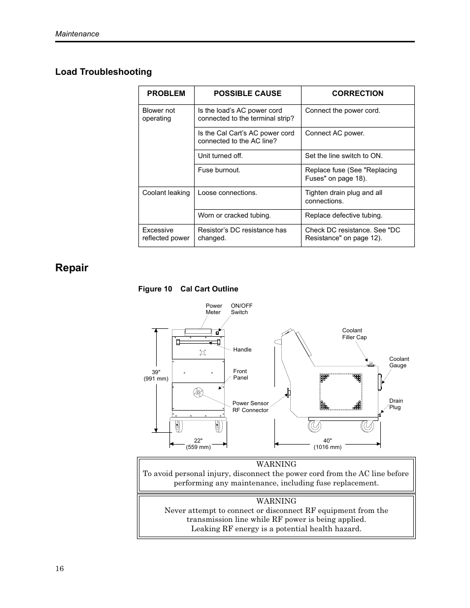 Load troubleshooting, Repair, Figure 10 cal cart outline | Bird Technologies SCC8 Series-Manual User Manual | Page 30 / 47