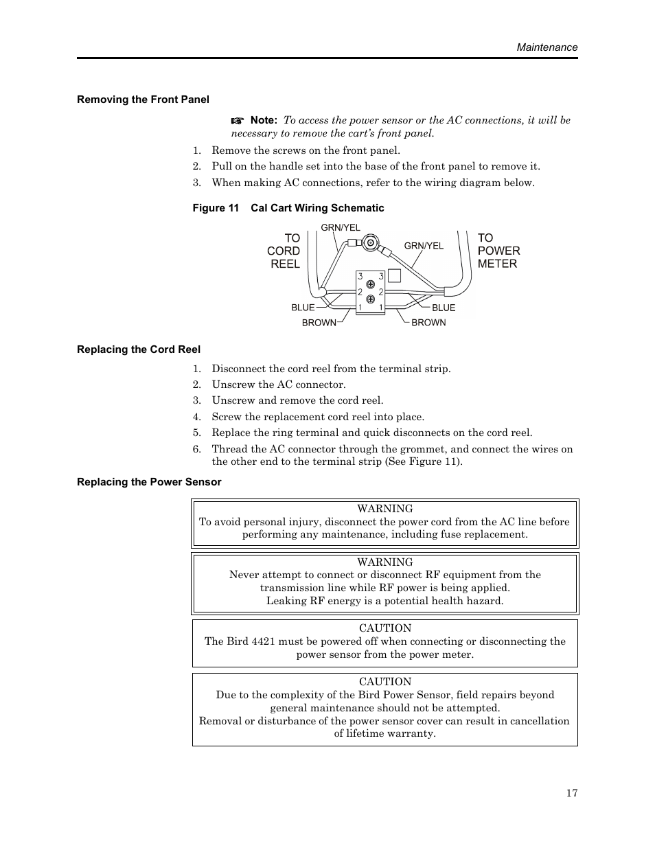 Removing the front panel, Figure 11 cal cart wiring schematic, Replacing the cord reel | Replacing the power sensor | Bird Technologies SCC8 Series-Manual User Manual | Page 31 / 47