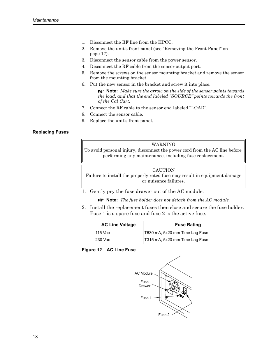 Replacing fuses, Figure 12 ac line fuse | Bird Technologies SCC8 Series-Manual User Manual | Page 32 / 47