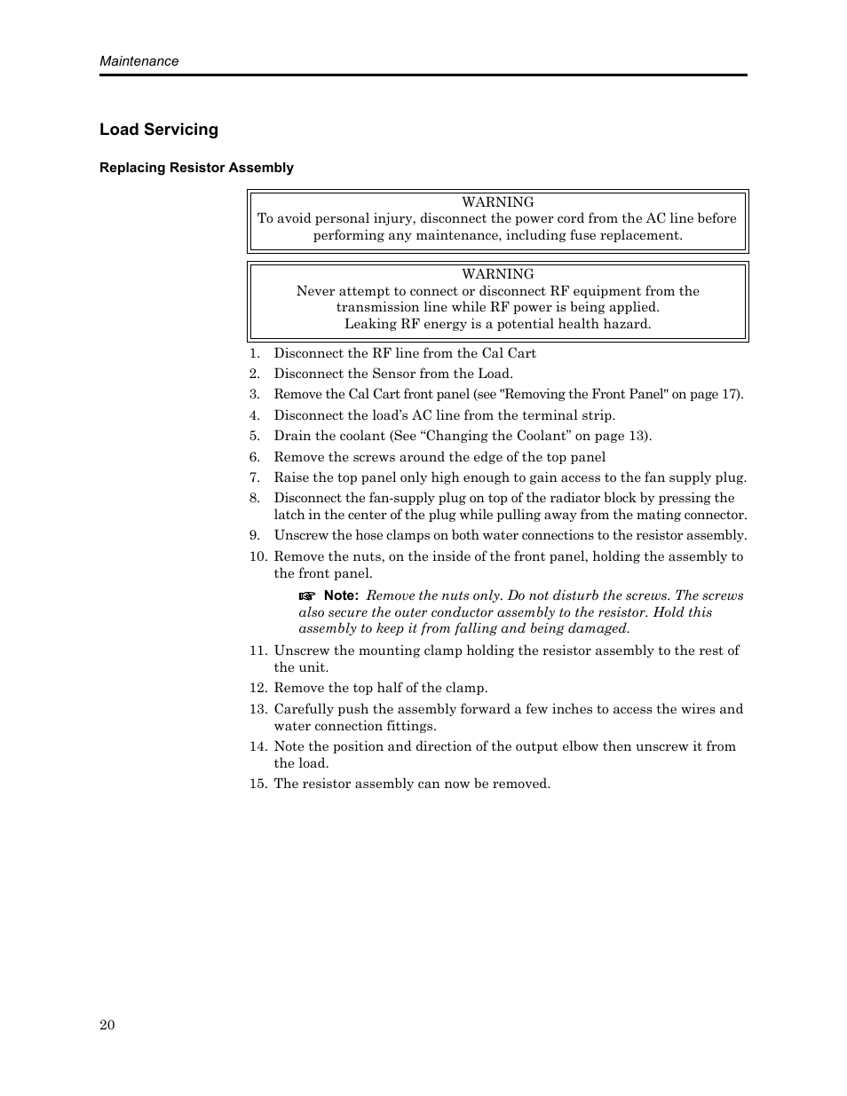 Load servicing, Replacing resistor assembly | Bird Technologies SCC8 Series-Manual User Manual | Page 34 / 47