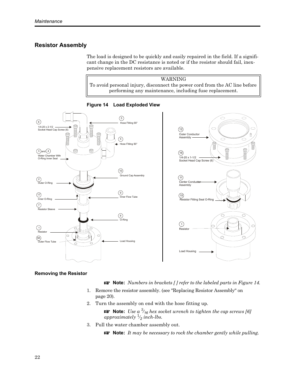 Resistor assembly, Figure 14 load exploded view, Removing the resistor | D 22, Maintenance 22, Inch-lbs. 3. pull the water chamber assembly out | Bird Technologies SCC8 Series-Manual User Manual | Page 36 / 47