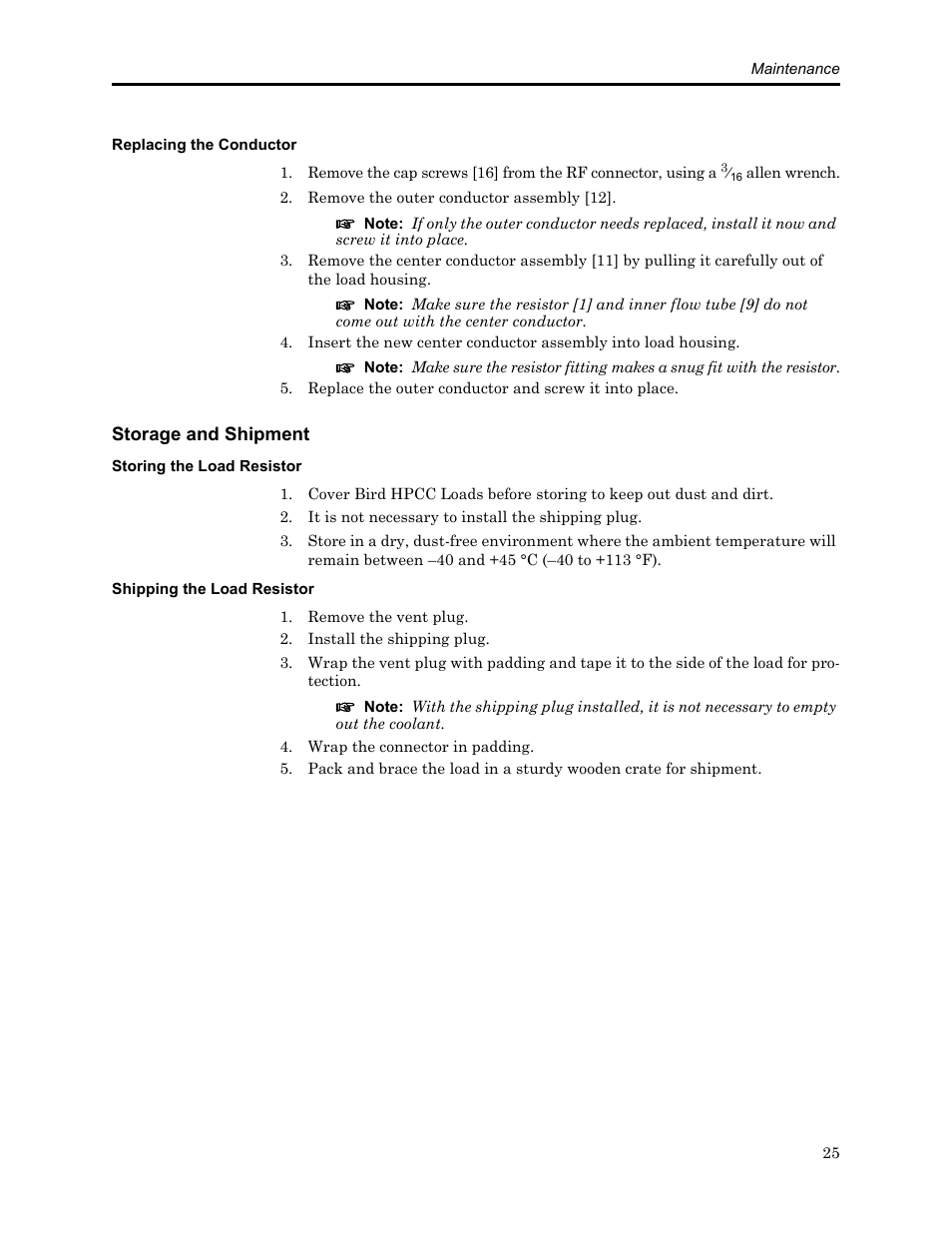 Replacing the conductor, Storage and shipment, Storing the load resistor | Shipping the load resistor | Bird Technologies SCC8 Series-Manual User Manual | Page 39 / 47
