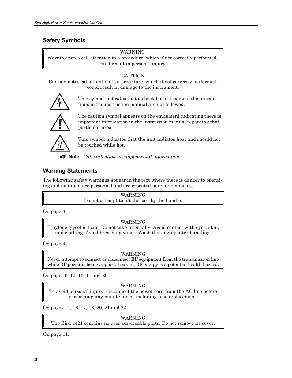 Safety symbols, Warning statements | Bird Technologies SCC8 Series-Manual User Manual | Page 4 / 47