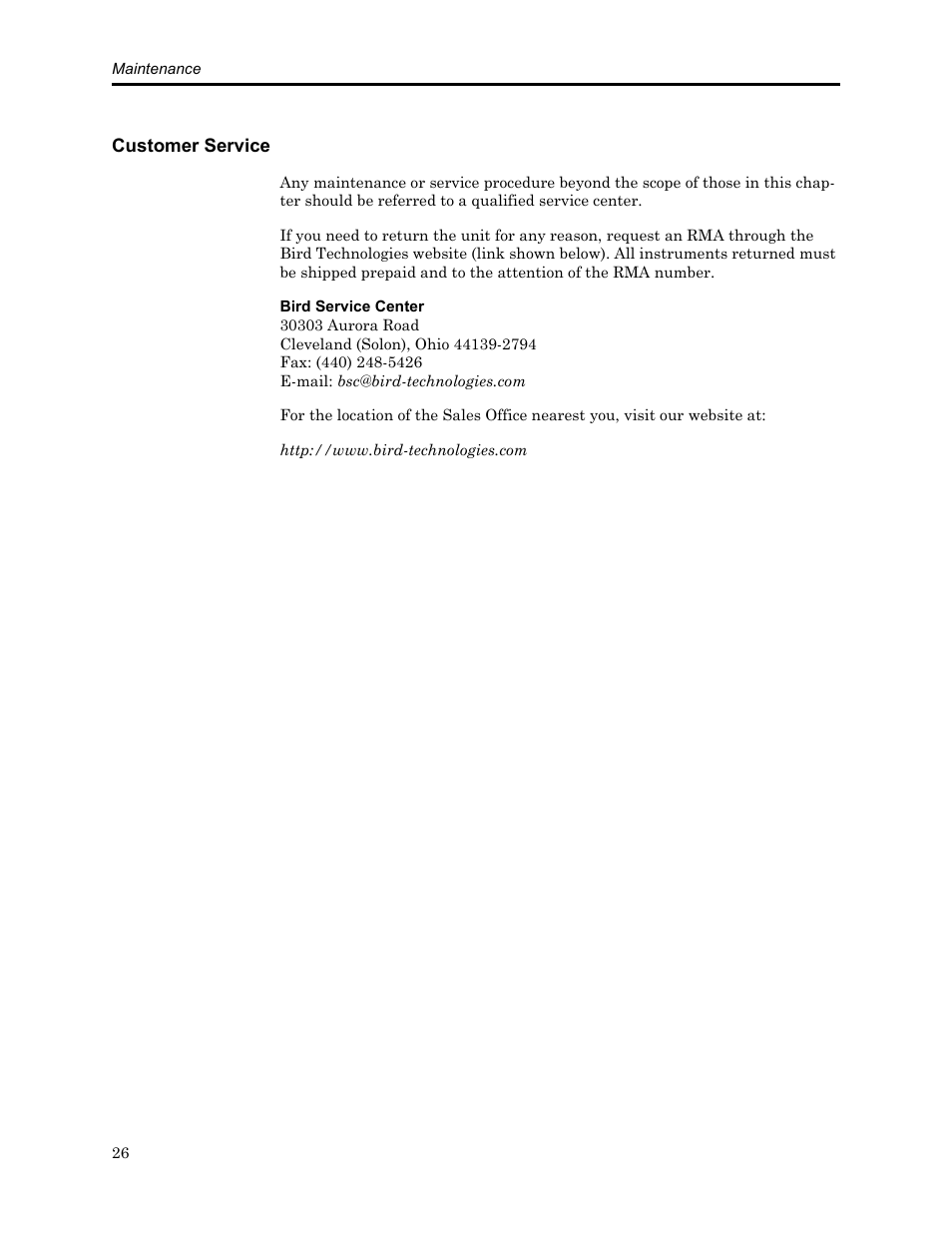 Customer service | Bird Technologies SCC8 Series-Manual User Manual | Page 40 / 47