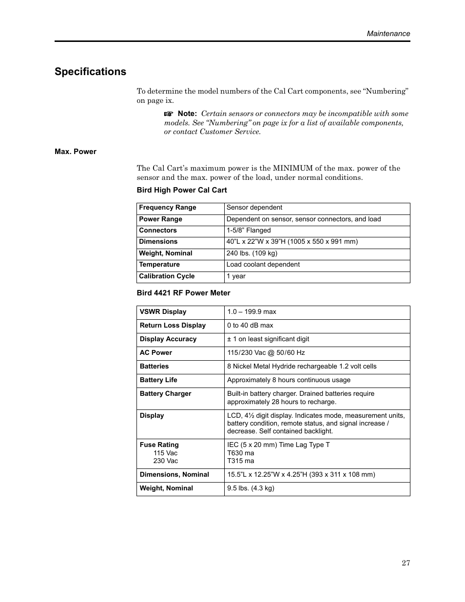Specifications, Max. power | Bird Technologies SCC8 Series-Manual User Manual | Page 41 / 47