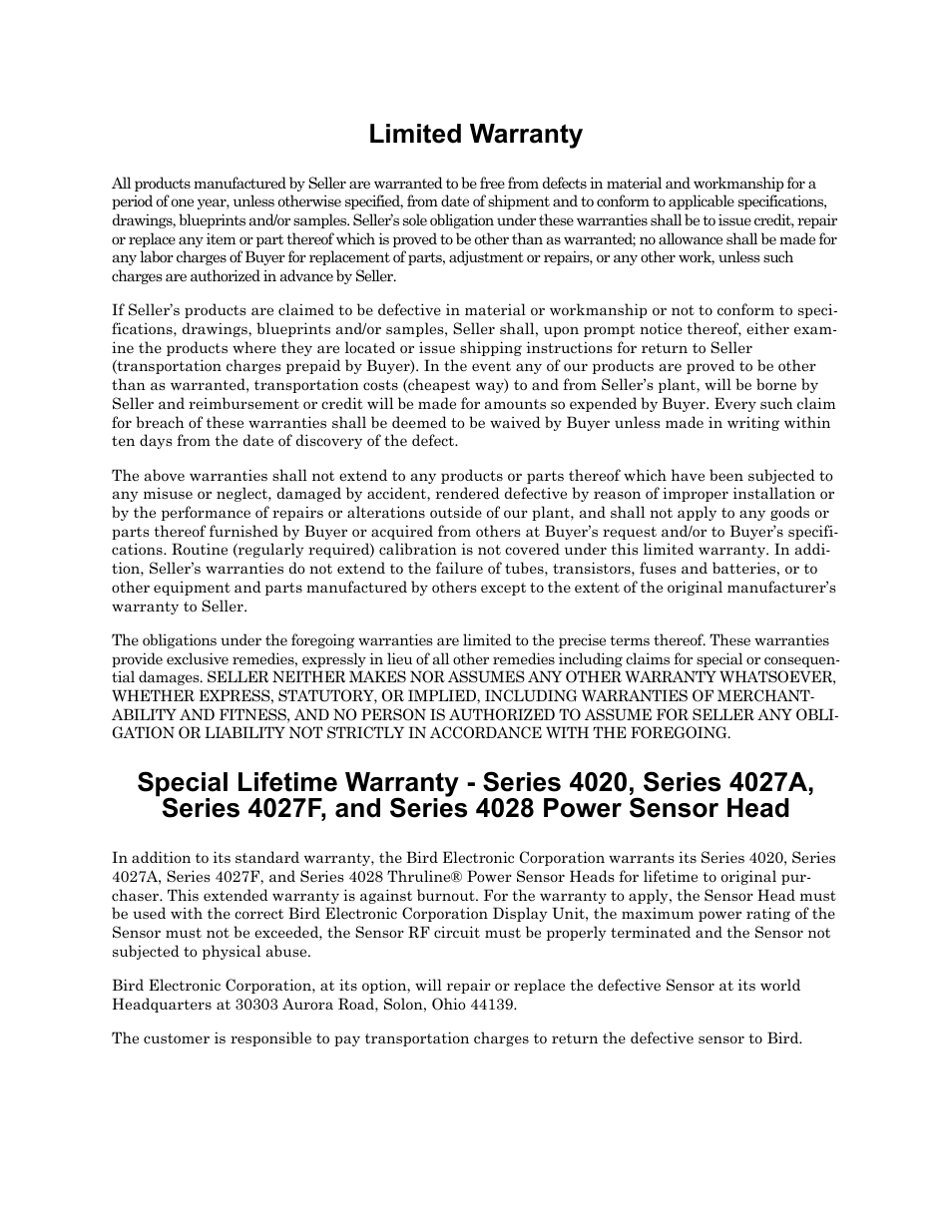 Limited warranty | Bird Technologies SCC8 Series-Manual User Manual | Page 47 / 47