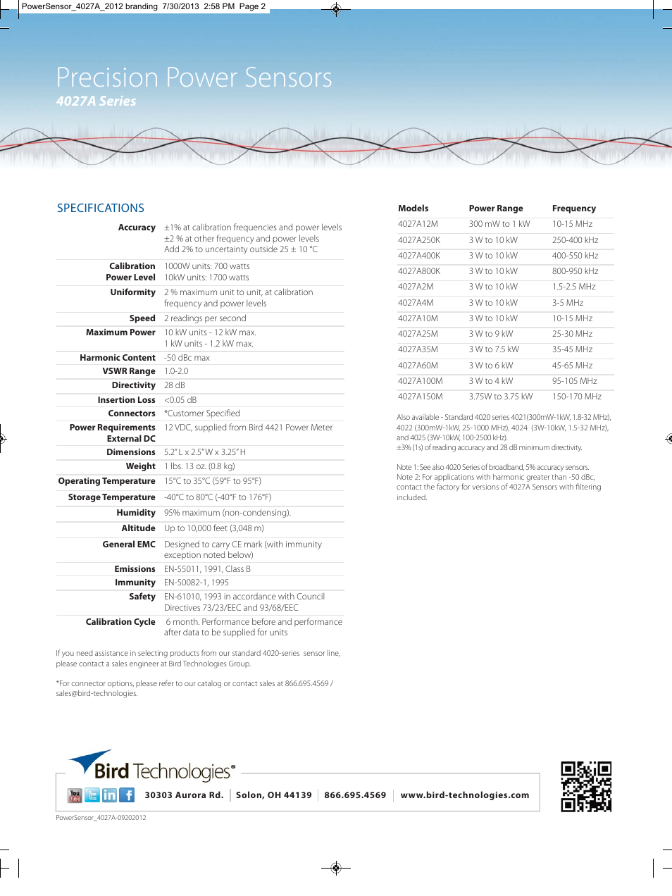 Precision power sensors, 4027a series, Specifications | Bird Technologies 4027A Series-Datasheet User Manual | Page 2 / 2