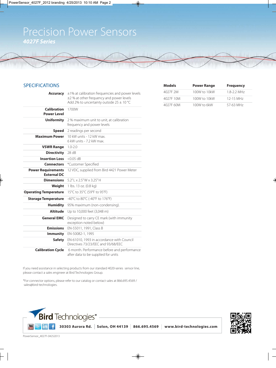 Precision power sensors, 4027f series, Specifications | Bird Technologies 4027F Series-Datasheet User Manual | Page 2 / 2