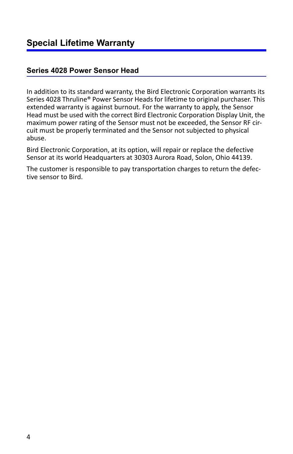 Special lifetime warranty | Bird Technologies 4028 Series-Manual User Manual | Page 6 / 6