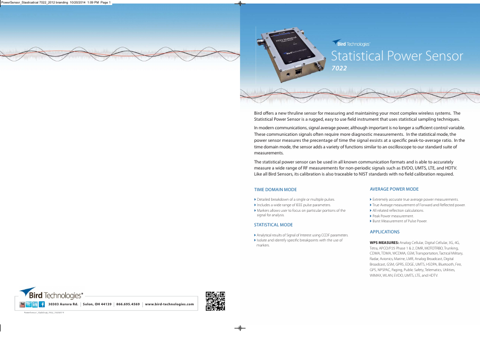 Statistical power sensor | Bird Technologies 7022-Datasheet User Manual | Page 4 / 4