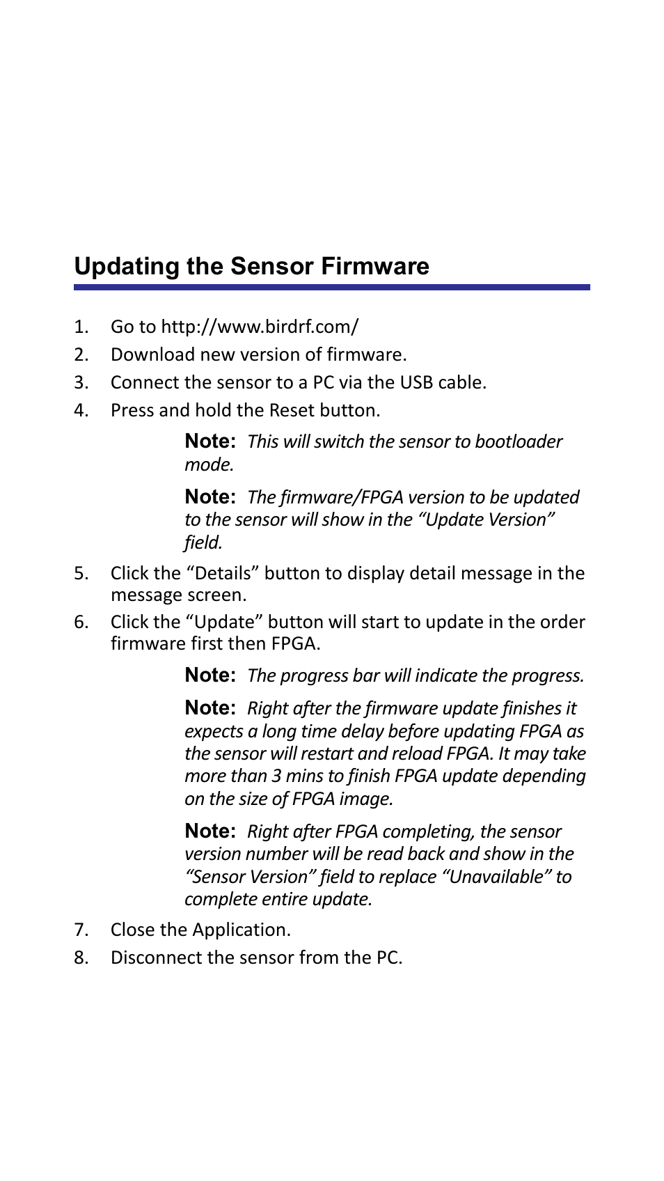 Updating the sensor firmware | Bird Technologies 7022-Manual User Manual | Page 22 / 27