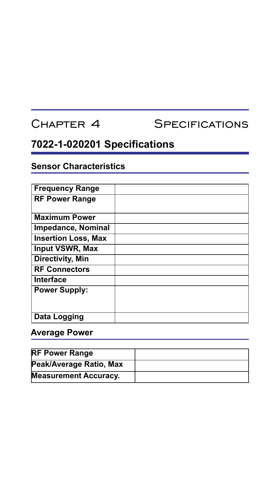 Chapter 4 specifications, 7022-1-020201 specifications, Sensor characteristics | Average power, Sensor characteristics average power | Bird Technologies 7022-Manual User Manual | Page 23 / 27