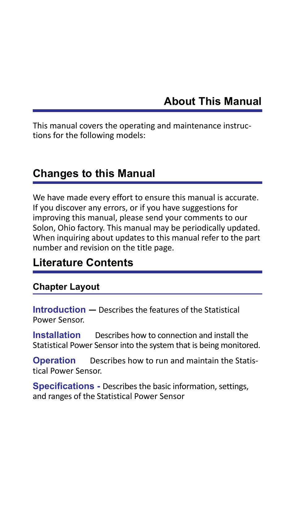 Changes to this manual, Literature contents, Chapter layout | About this manual | Bird Technologies 7022-Manual User Manual | Page 9 / 27