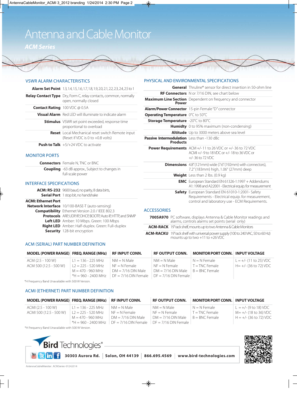 Antenna and cable monitor, Acm series | Bird Technologies ACM Series-Datasheet User Manual | Page 2 / 2