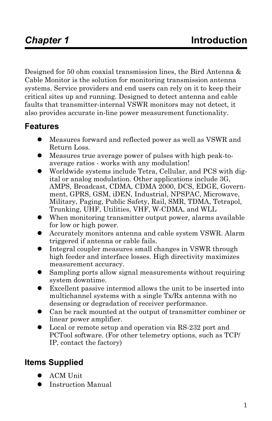 Chapter 1 introduction, Features, Items supplied | Chapter 1 introduction features items supplied | Bird Technologies ACM Series-Manual User Manual | Page 13 / 40