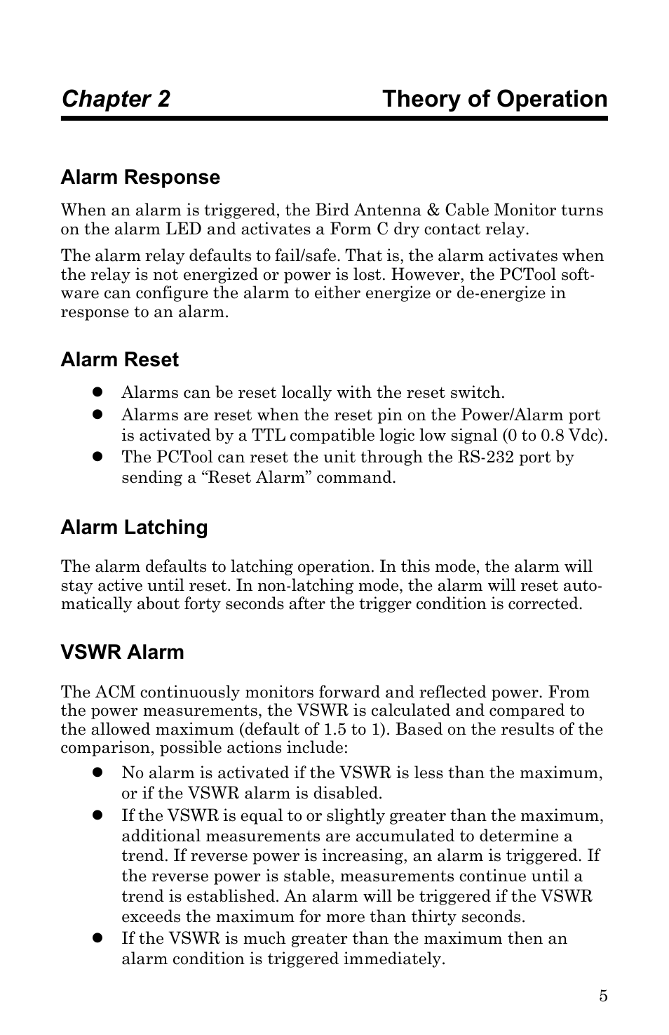 Chapter 2 theory of operation, Alarm response, Alarm reset | Alarm latching, Vswr alarm | Bird Technologies ACM Series-Manual User Manual | Page 17 / 40
