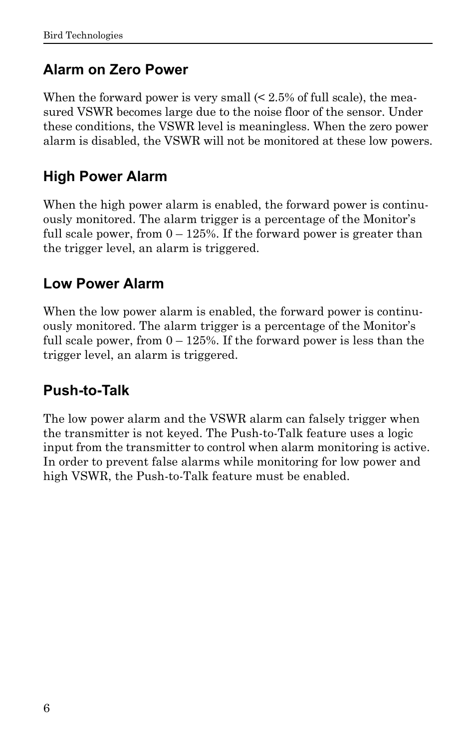 Alarm on zero power, High power alarm, Low power alarm | Push-to-talk | Bird Technologies ACM Series-Manual User Manual | Page 18 / 40