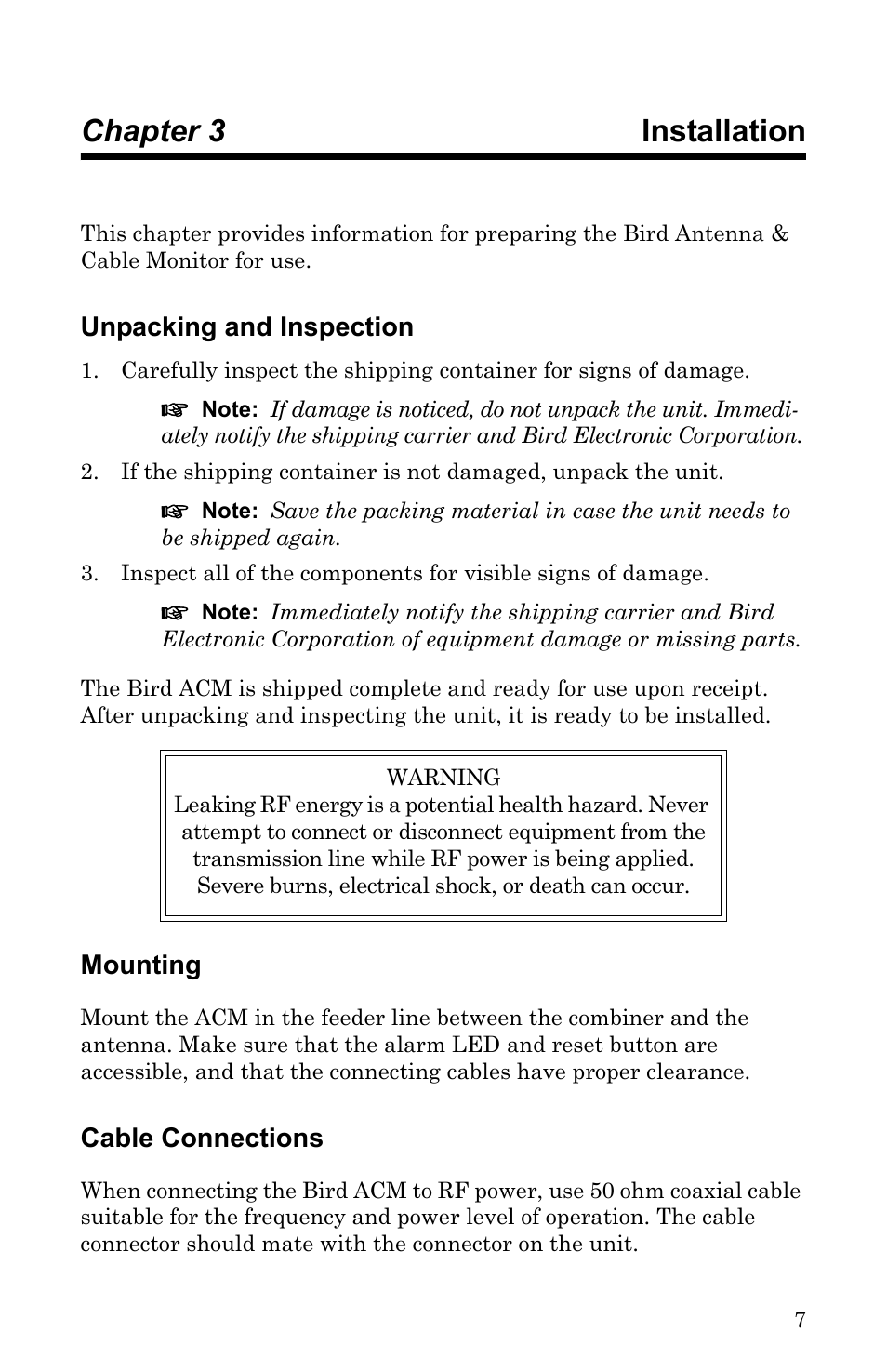 Chapter 3 installation, Unpacking and inspection, Mounting | Cable connections | Bird Technologies ACM Series-Manual User Manual | Page 19 / 40