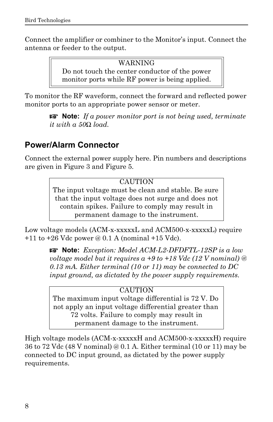 Power/alarm connector | Bird Technologies ACM Series-Manual User Manual | Page 20 / 40