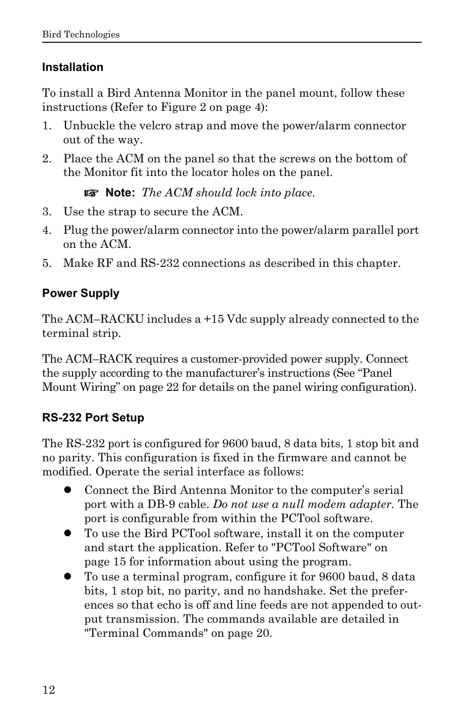 Installation, Power supply, Rs-232 port setup | Installation power supply rs-232 port setup | Bird Technologies ACM Series-Manual User Manual | Page 24 / 40