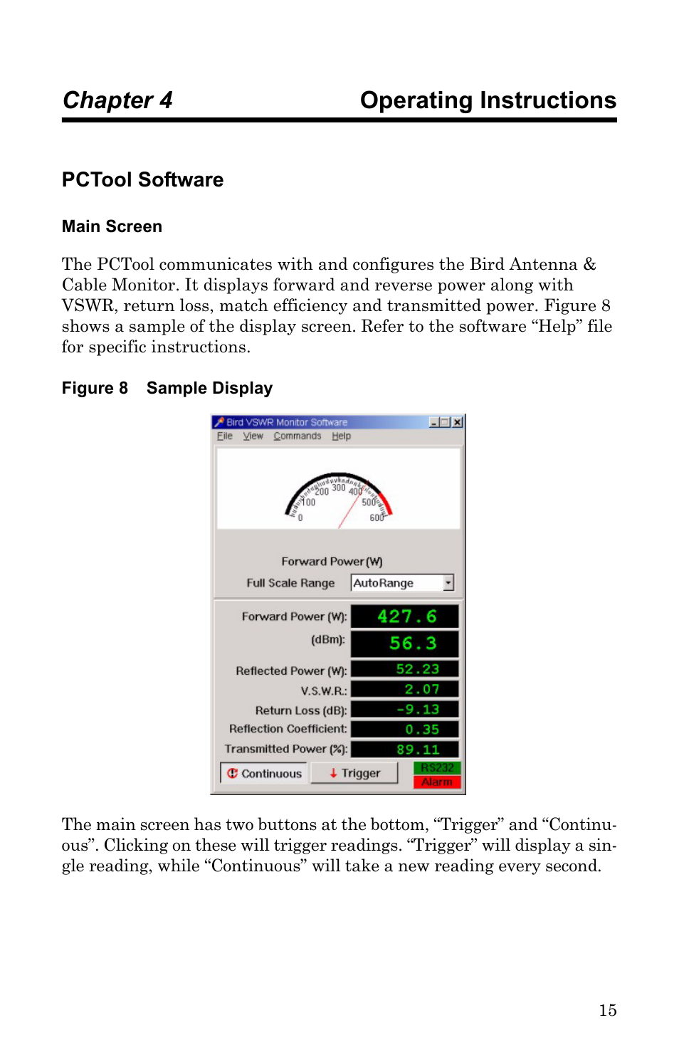 Chapter 4 operating instructions, Pctool software, Main screen | Figure 8 sample display, Chapter 4 operating instructions pctool software | Bird Technologies ACM Series-Manual User Manual | Page 27 / 40