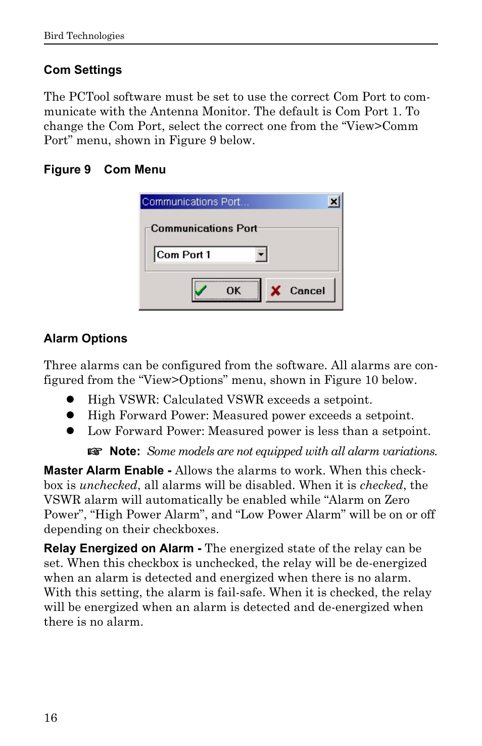Com settings, Figure 9 com menu, Alarm options | Com settings alarm options | Bird Technologies ACM Series-Manual User Manual | Page 28 / 40