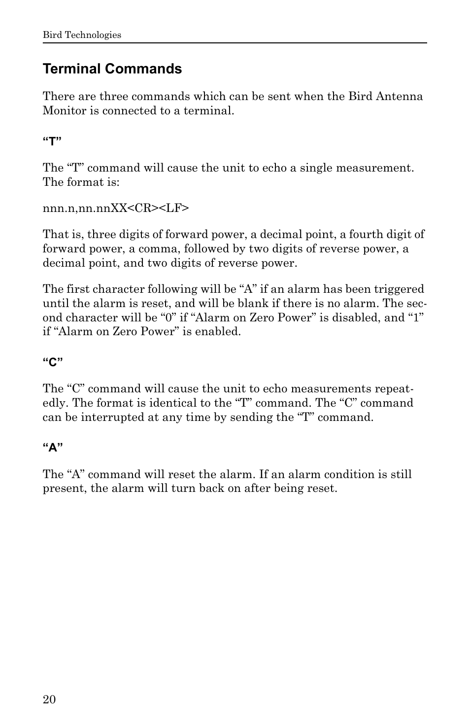 Terminal commands, T” “c” “a | Bird Technologies ACM Series-Manual User Manual | Page 32 / 40