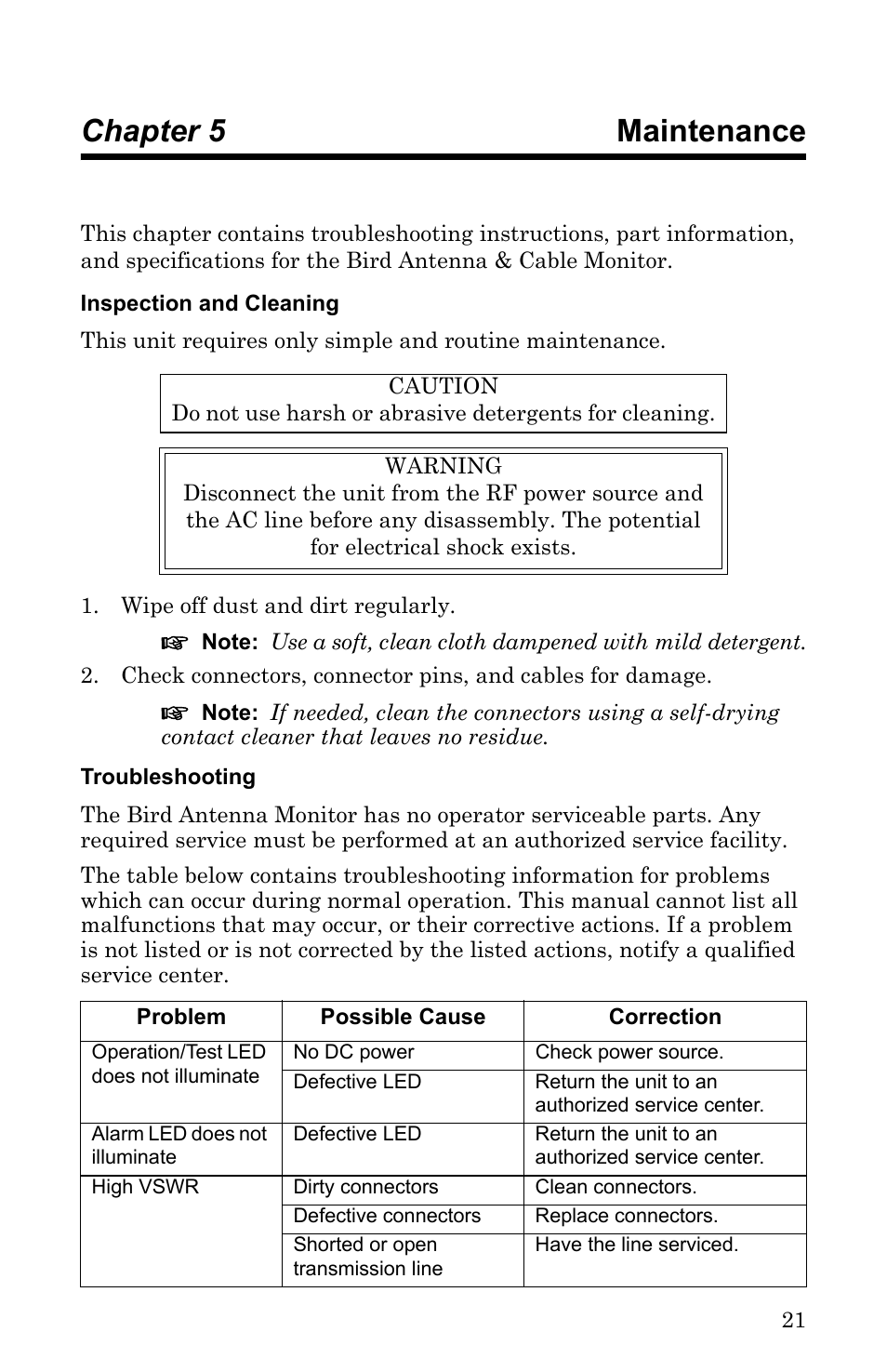 Chapter 5 maintenance, Inspection and cleaning, Troubleshooting | Inspection and cleaning troubleshooting | Bird Technologies ACM Series-Manual User Manual | Page 33 / 40