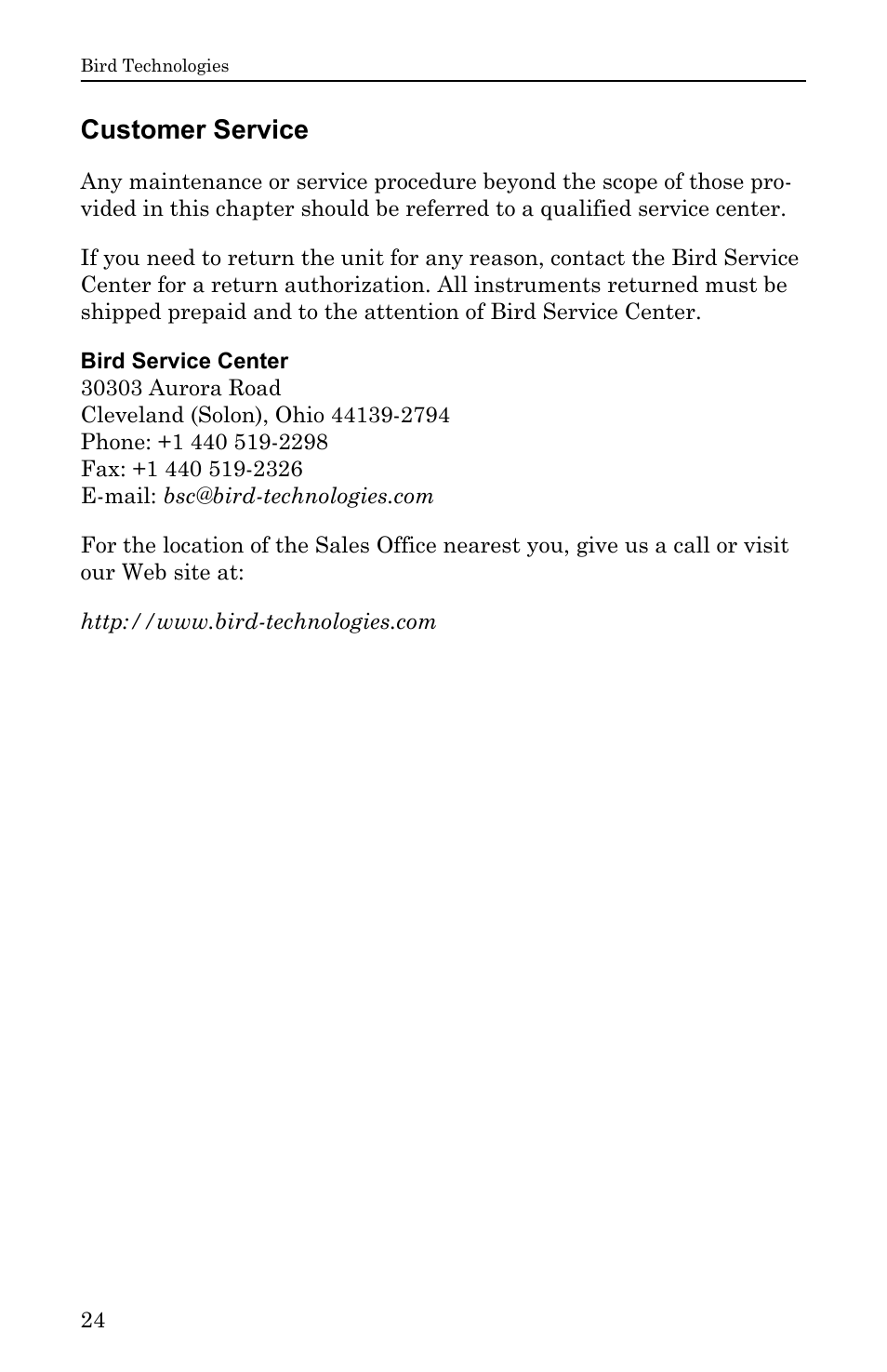 Customer service | Bird Technologies ACM Series-Manual User Manual | Page 36 / 40