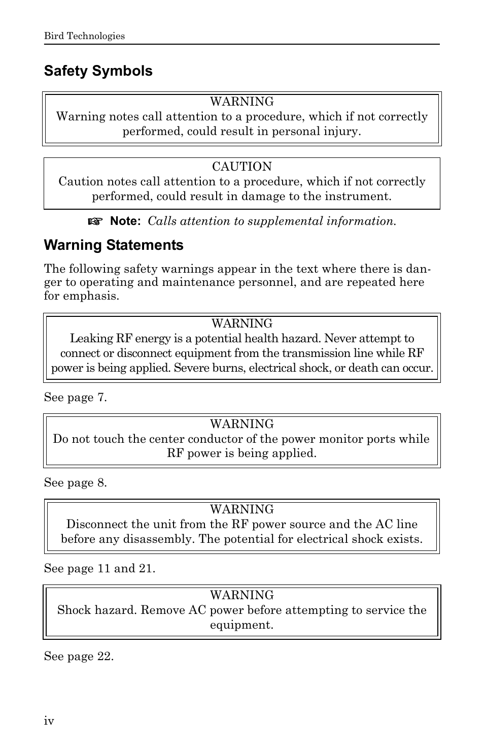 Safety symbols, Warning statements | Bird Technologies ACM Series-Manual User Manual | Page 4 / 40