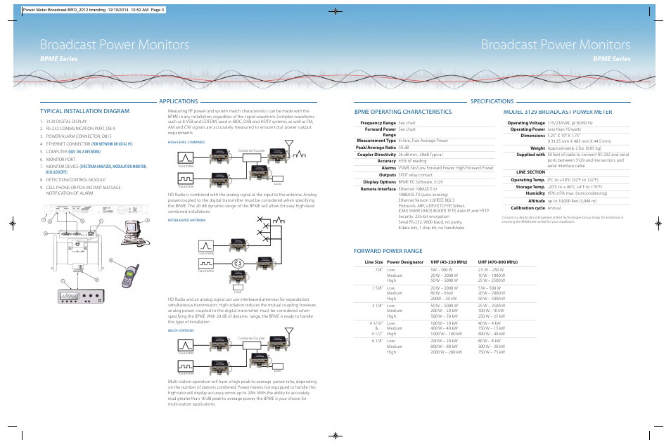 Broadcast power monitors, Bpme series, Applications bpme operating characteristics | Typical installation diagram, Specifications model 3129 broadcast power meter, Forward power range | Bird Technologies BPME Series-Datasheet User Manual | Page 2 / 4