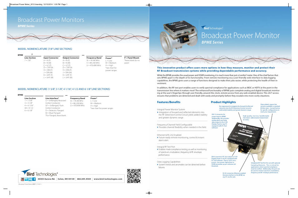Broadcast power monitor, Broadcast power monitors, Bpme series | Features/benefits, Product highlights | Bird Technologies BPME Series-Datasheet User Manual | Page 4 / 4