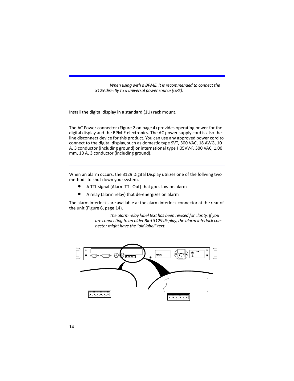 Mounting a 3129 digital display, Ac power connector, Alarm interlocks | 3129 digital display | Bird Technologies 3129 Display User Manual | Page 30 / 72
