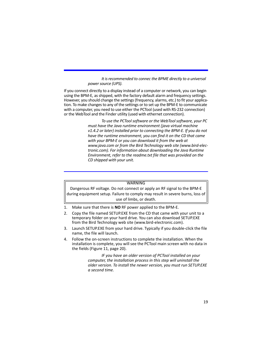S 19, Setting up the bpm-e, Installing pctool and finder | Bird Technologies 3129 Display User Manual | Page 35 / 72