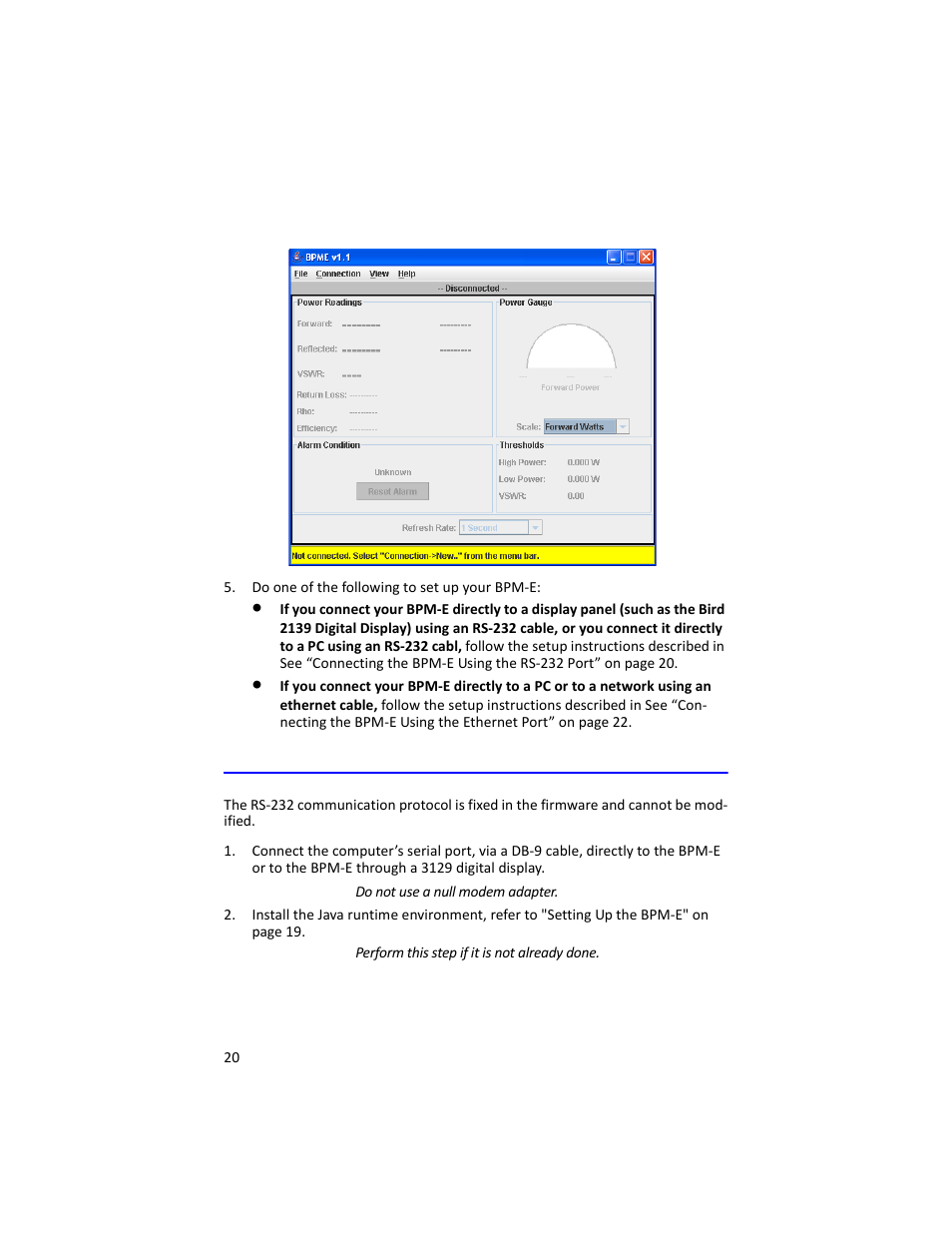 Connecting the bpm-e using the rs-232 port | Bird Technologies 3129 Display User Manual | Page 36 / 72