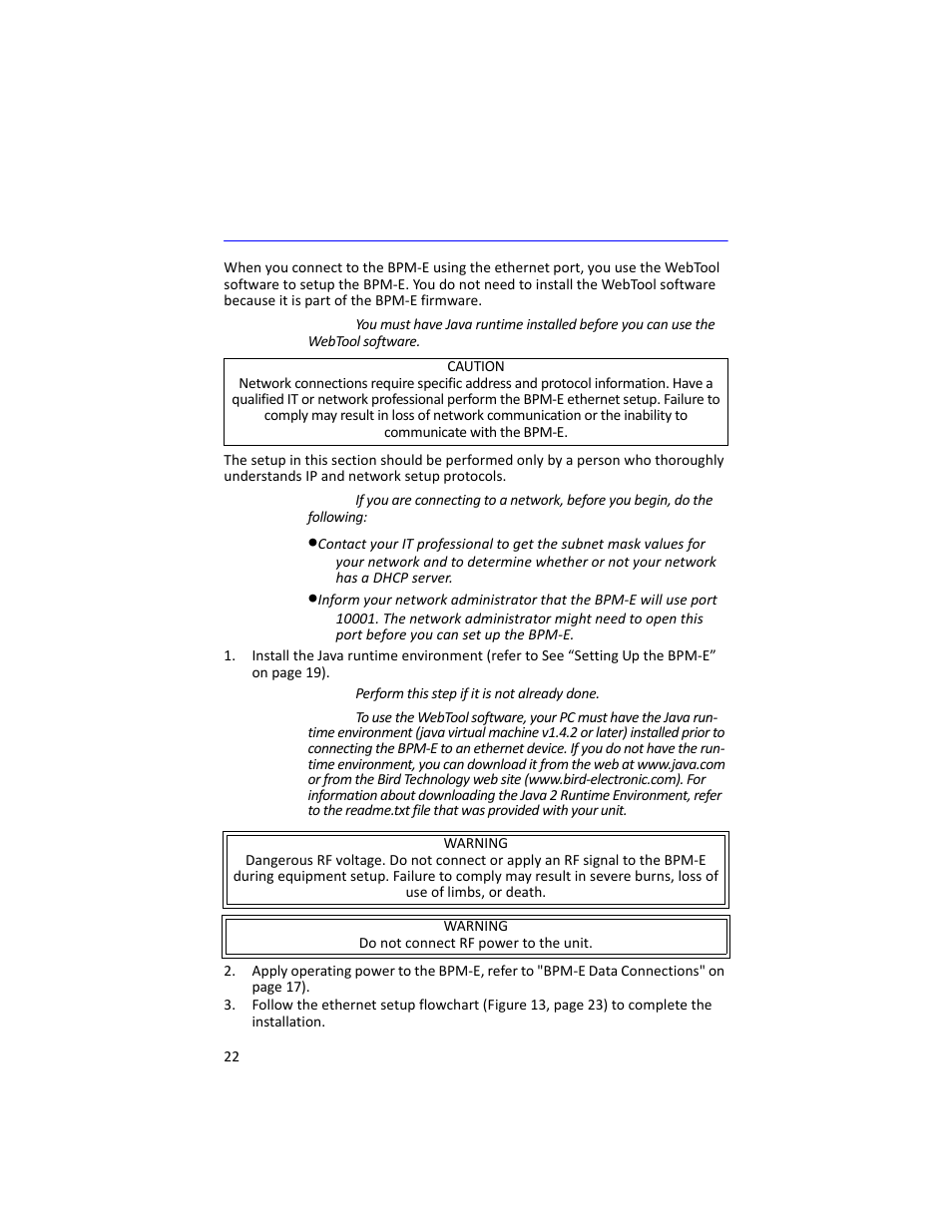 D 22, Connecting the bpm-e using the ethernet port | Bird Technologies 3129 Display User Manual | Page 38 / 72