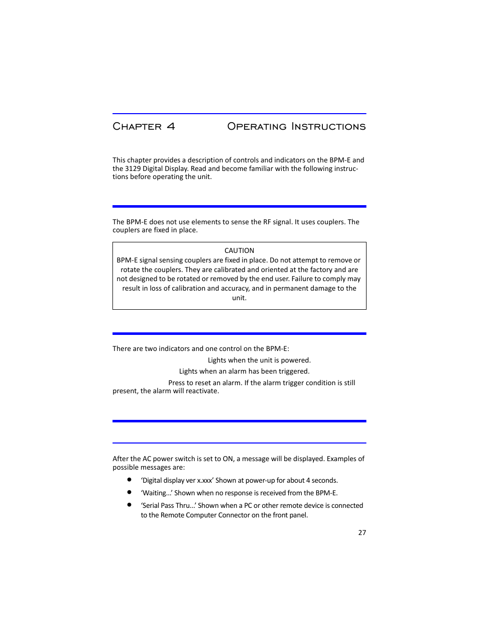 And 27, Chapter 4 operating instructions, Couplers bpm-e controls 3129 digital display | Power on | Bird Technologies 3129 Display User Manual | Page 43 / 72