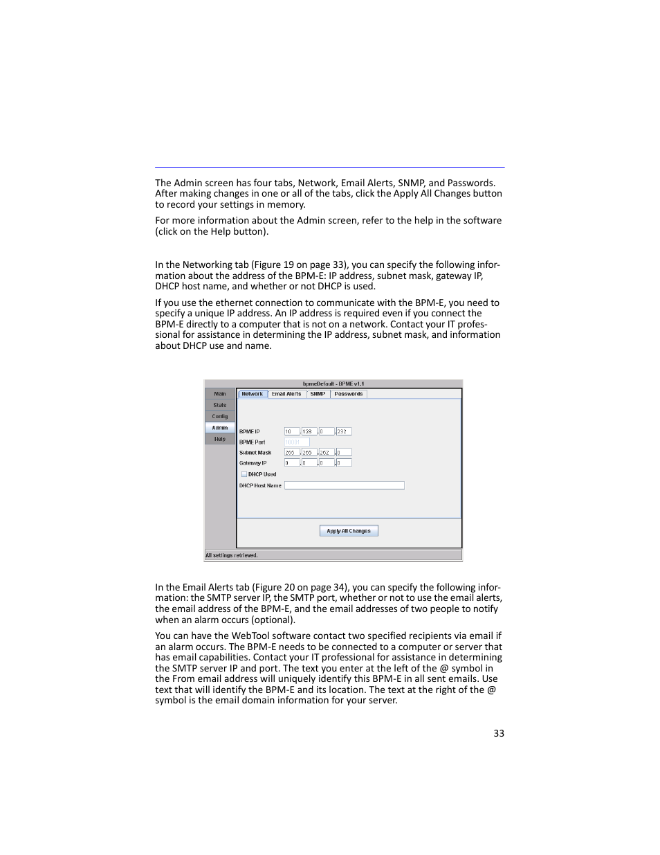 Admin screen, Network tab email alerts tab | Bird Technologies 3129 Display User Manual | Page 49 / 72