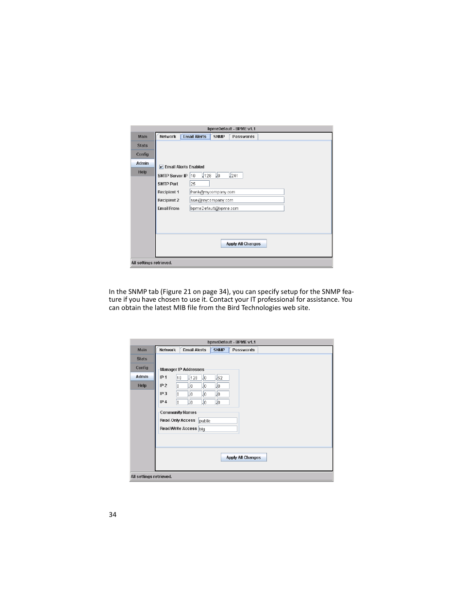 Snmp tab | Bird Technologies 3129 Display User Manual | Page 50 / 72