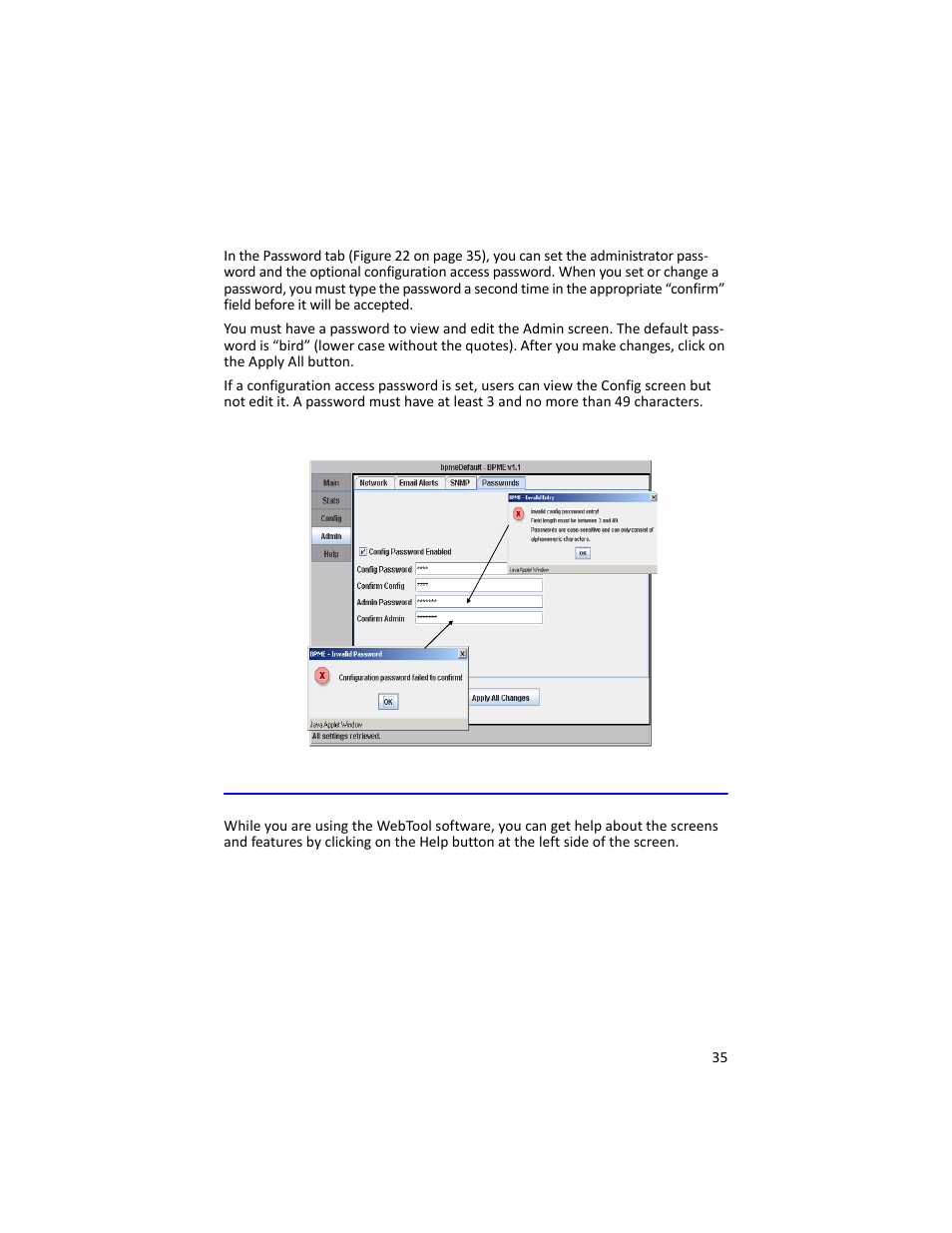 Password tab, Help screen | Bird Technologies 3129 Display User Manual | Page 51 / 72