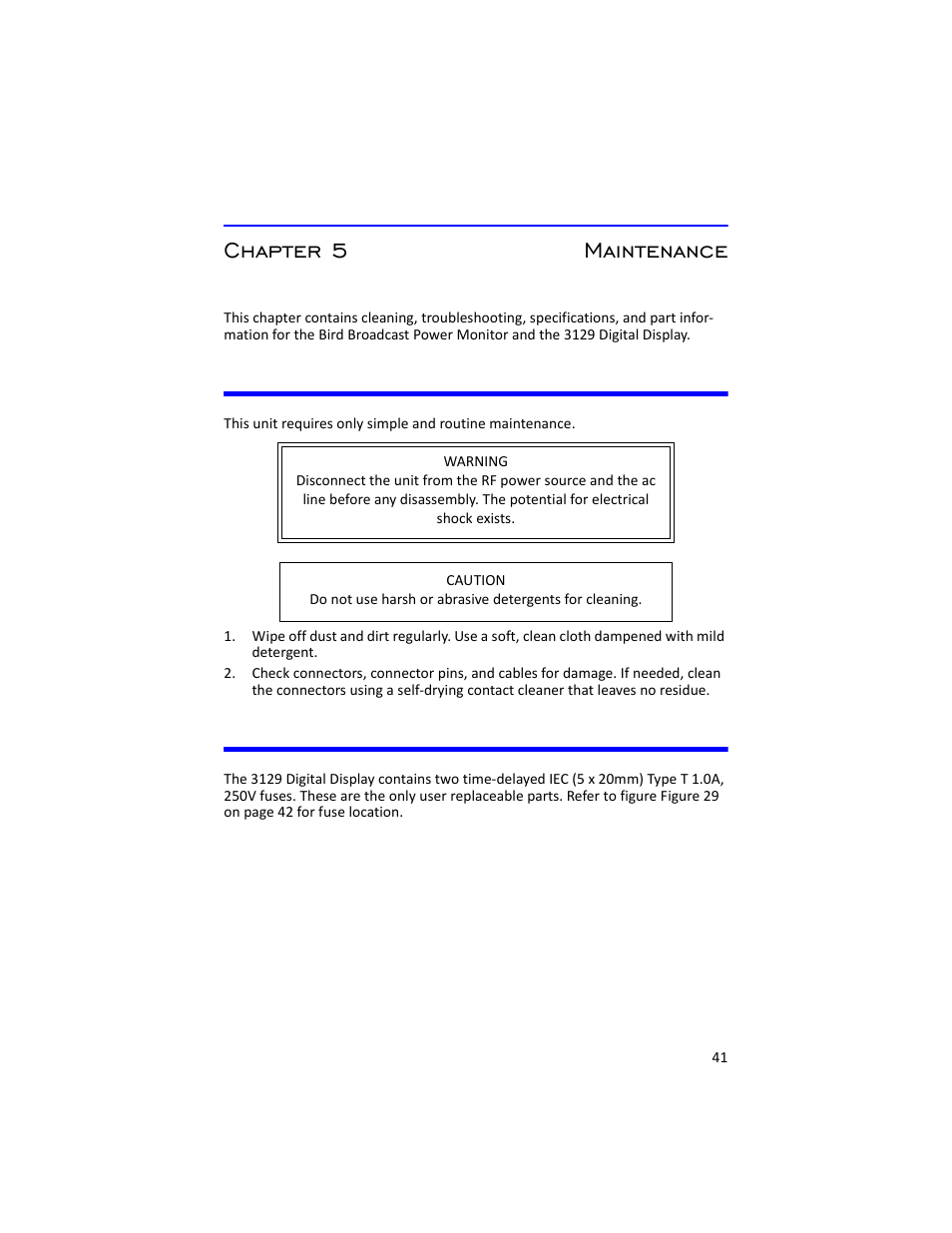 Chapter 5 maintenance, Inspection and cleaning 3129 digital display fuses | Bird Technologies 3129 Display User Manual | Page 57 / 72