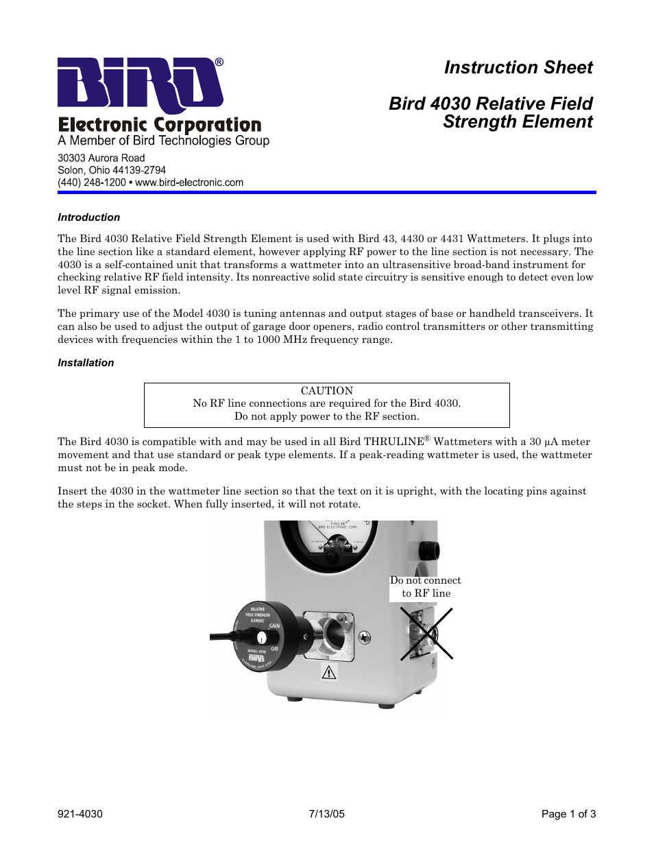 Bird Technologies 4030 User Manual | 3 pages