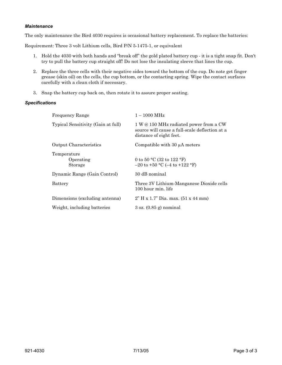 Bird Technologies 4030 User Manual | Page 3 / 3