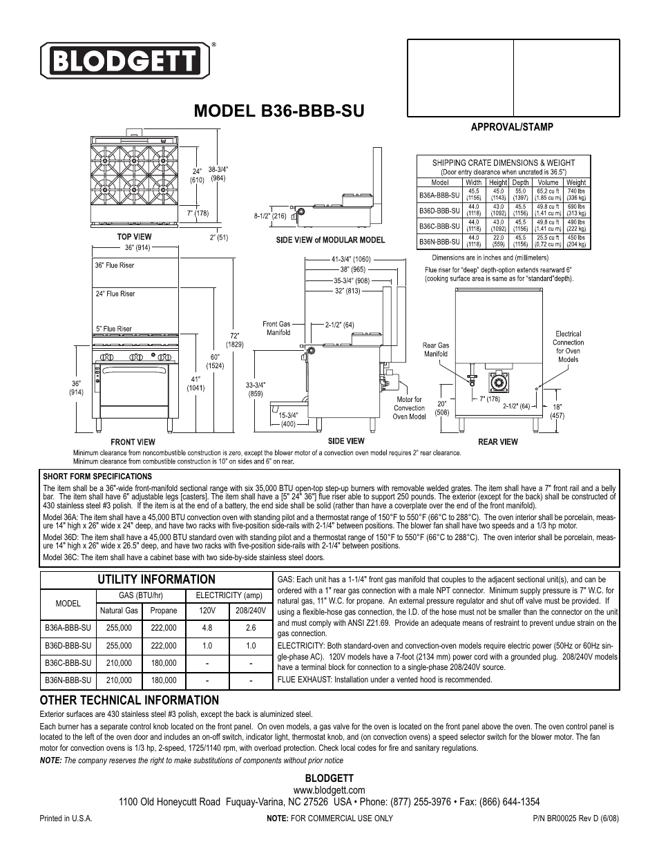 Model b36-bbb-su, Other technical information, Utility information | Blodgett B36- BBB-SU User Manual | Page 2 / 2